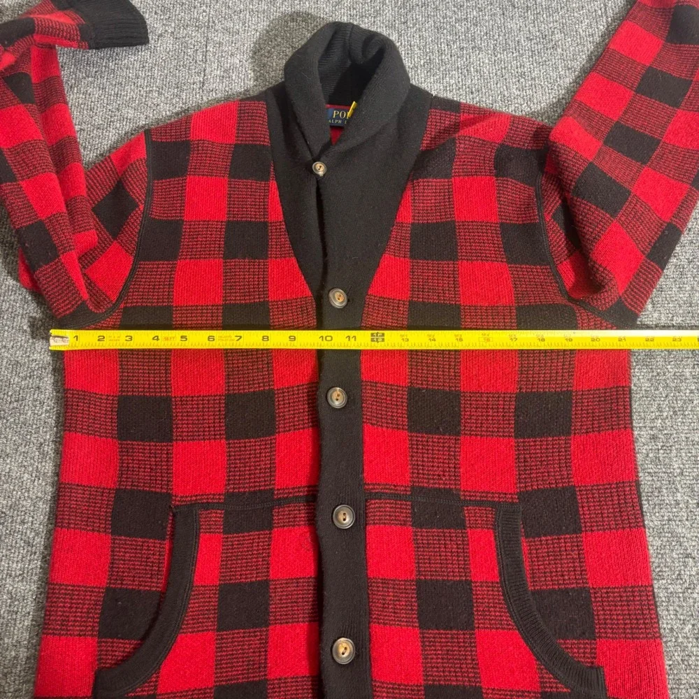 Polo Ralph Lauren Mens Red Buffalo Plaid 100% Wool Shawl Cardigan Sweater Medium